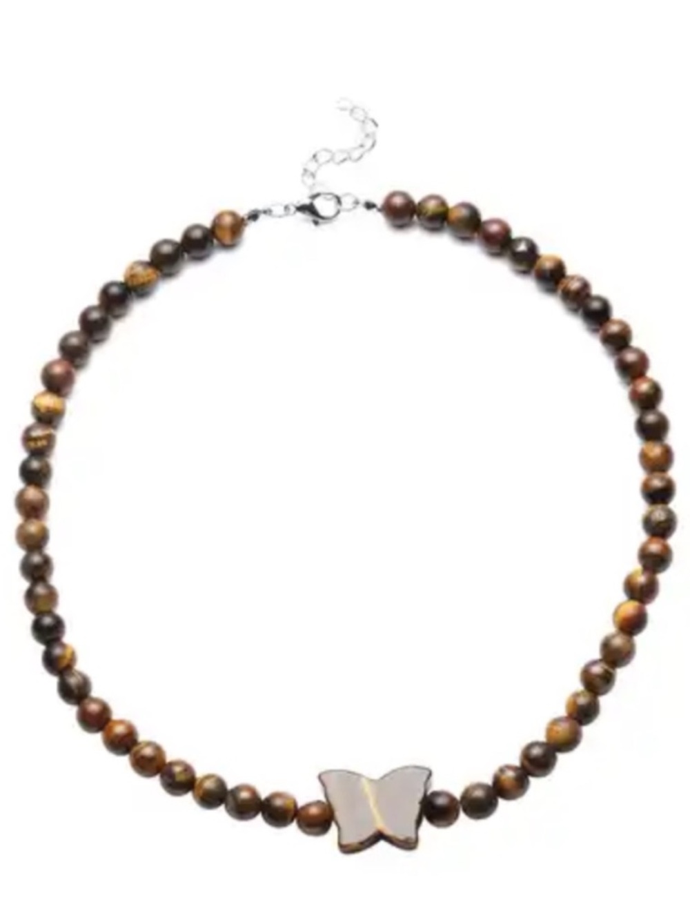 Tiger's Eye Beaded Butterfly Shape Necklace 18-20 Inches in Silvertone